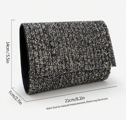 BEV BLACK ENVELOPE STYLE DRESSY EVENING BAG CLUTCH COVERED IN GUNMETAL/HEMATITE COLORED STONES