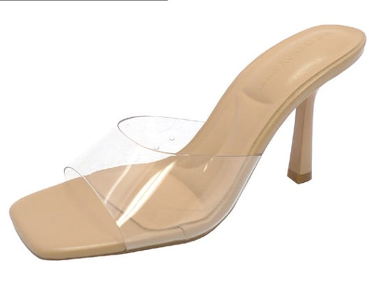BIRKIN-11 CLEAR VAMP SLIP ON MULE STILETTO HEEL WITH NUDE BASE