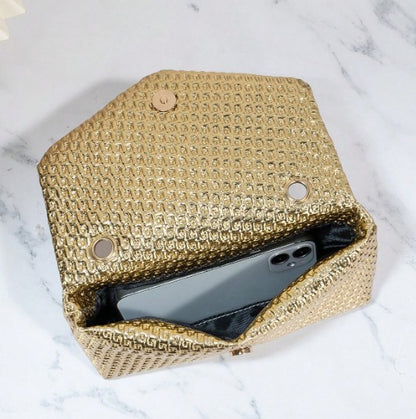 BLAKE GOLD SHINY TEXTURED FAUX LEATHER SMALL CLUTCH BAG WITH CROSSBODY STRAP