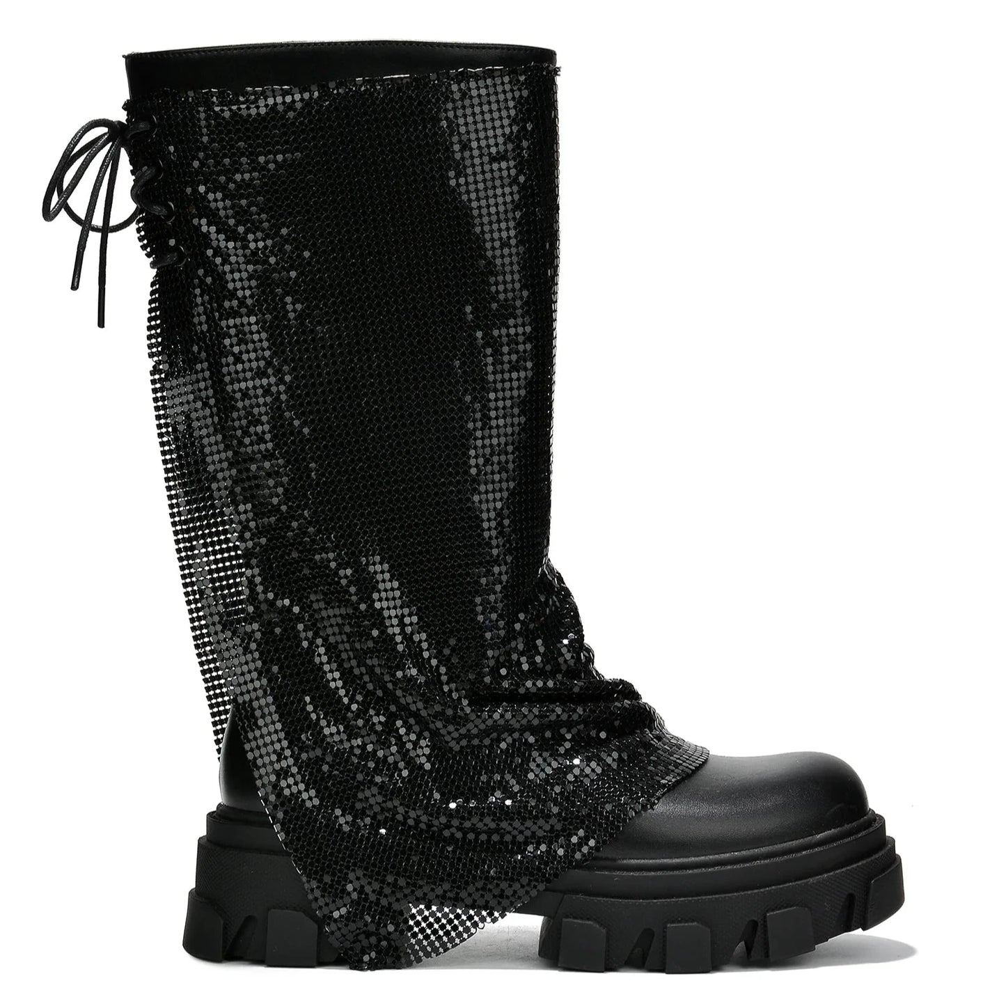 BONIKA Faux Leather Chainmail Sleeve Boot - Chunky Lug Sole & Heel, Approx. 2"