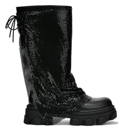 BONIKA Faux Leather Chainmail Sleeve Boot - Chunky Lug Sole & Heel, Approx. 2"