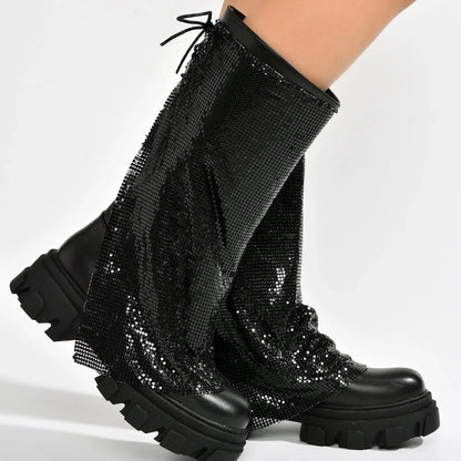 BONIKA Faux Leather Chainmail Sleeve Boot - Chunky Lug Sole & Heel, Approx. 2"