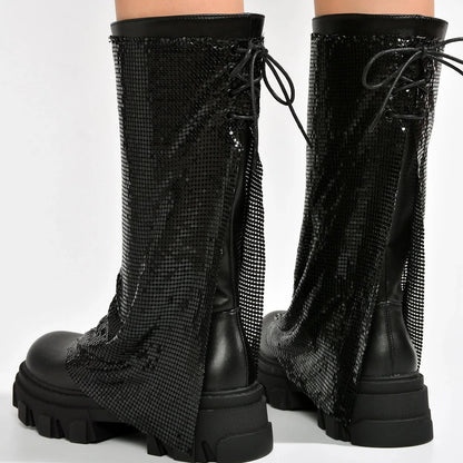 BONIKA Faux Leather Chainmail Sleeve Boot - Chunky Lug Sole & Heel, Approx. 2"