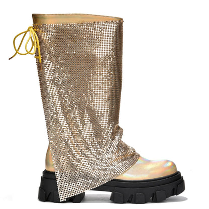 BONIKA Gold Leather Chainmail Sleeve Boot - Chunky Lug Sole & Heel, Approx. 2"