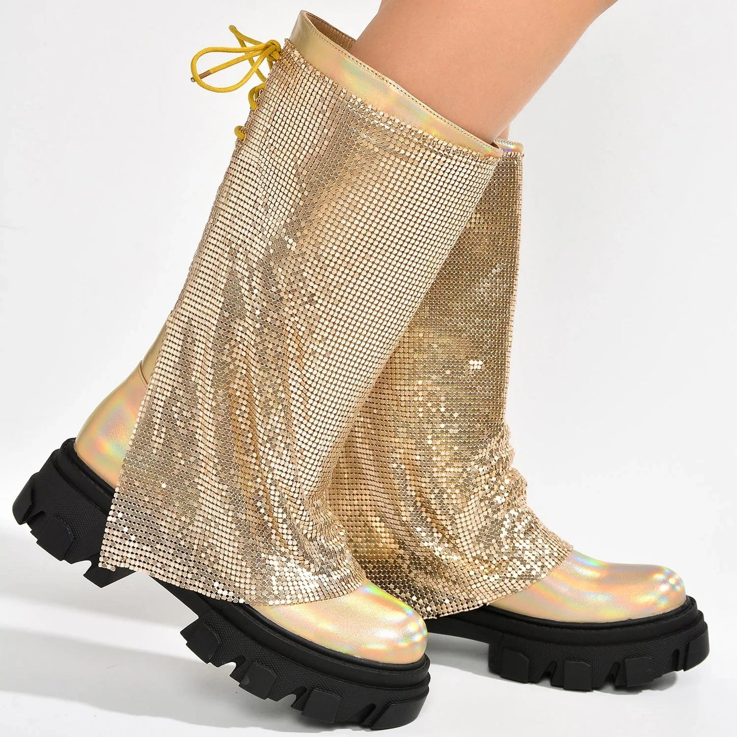 BONIKA Gold Leather Chainmail Sleeve Boot - Chunky Lug Sole & Heel, Approx. 2"