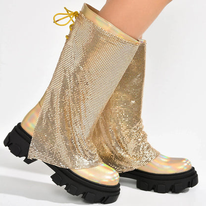 BONIKA Gold Leather Chainmail Sleeve Boot - Chunky Lug Sole & Heel, Approx. 2"