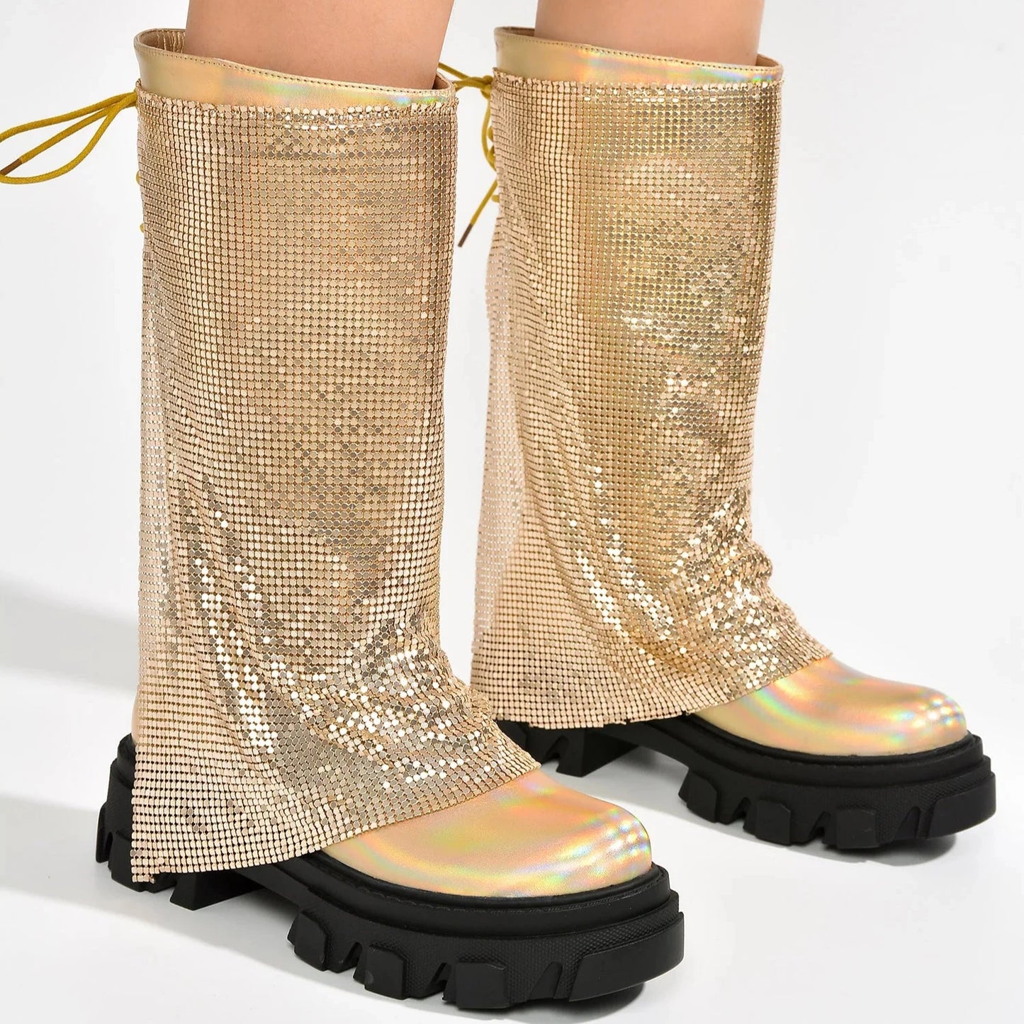 BONIKA Gold Leather Chainmail Sleeve Boot - Chunky Lug Sole & Heel, Approx. 2"