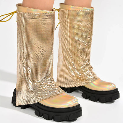 BONIKA Gold Leather Chainmail Sleeve Boot - Chunky Lug Sole & Heel, Approx. 2"