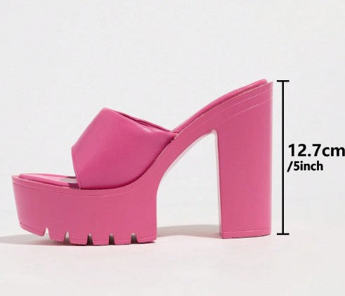 BRITTNEY PINK FAUX LEATHER CHUNKY BLOCK HEEL SLIP ON MULE SANDAL