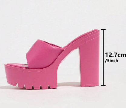 BRITTNEY PINK FAUX LEATHER CHUNKY BLOCK HEEL SLIP ON MULE SANDAL