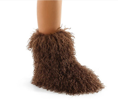 GOGO-3 BROWN CURLY FUR SLIP ON BOOTS