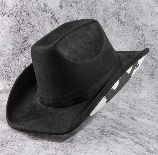 BUCK BLACK FAUX SUEDE COWBOY HAT WITH BLACK AND WHITE COW PRINT UNDERSIDE BRIM