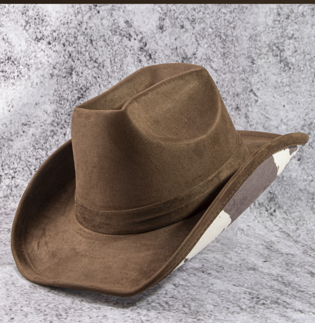 BUCK BROWN FAUX SUEDE COWBOY HAT WITH COWPRINT UNDERSIDE BRIM