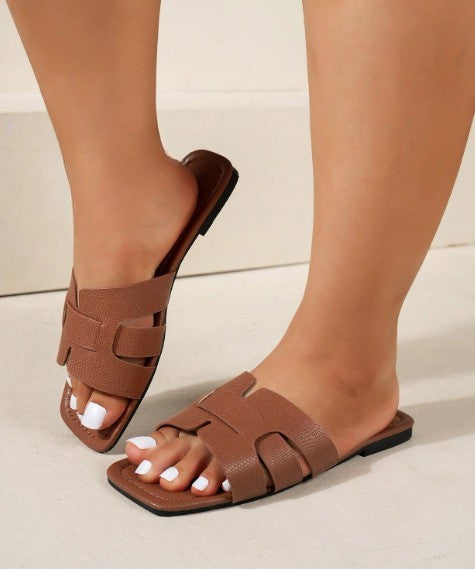 CAFE TAN FAUX LEATHER FLAT SLIP ON SLIDE SQUARE OPEN TOE SANDAL WITH WOVEN DESIGN