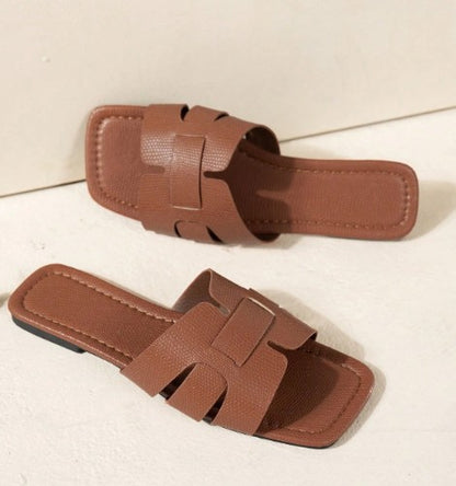 CAFE TAN FAUX LEATHER FLAT SLIP ON SLIDE SQUARE OPEN TOE SANDAL WITH WOVEN DESIGN