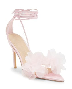 CARMINA-02 BABY PINK TIE UP OPEN POINTY TOE STILEETO HEEL WITH DELICATE FLORAL VAMP