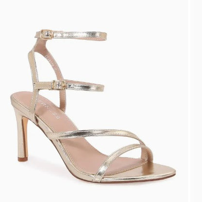 CLARICE GOLD PATENT STRAPPY OPEN TOE STILETTO HEEL WITH ANKLE STRAP AND ROUND TOE BASE