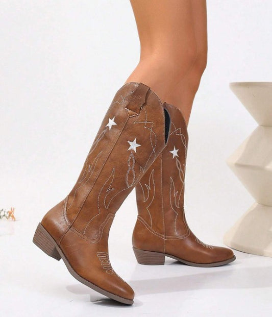 DARLA TAN COWBOY BOOT WITH CONTRAST WESTERN STITCHING AND STAR DETAIL