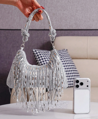DASIA SILVER RINESTONE EVENING BAG WITH RHINESTONE SHOULDER STRAP BLINGY FRINGE AND OPTIONAL LONG CHAIN STRAP