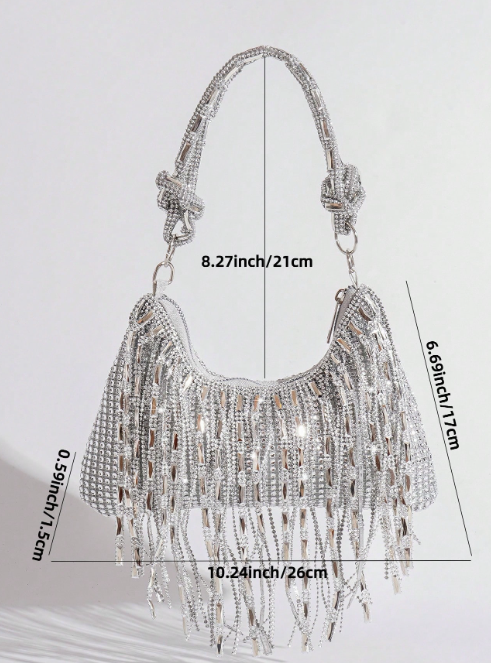 DASIA SILVER RINESTONE EVENING BAG WITH RHINESTONE SHOULDER STRAP BLINGY FRINGE AND OPTIONAL LONG CHAIN STRAP