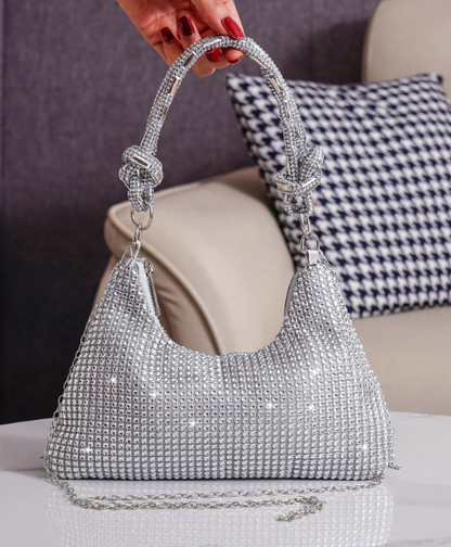 DASIA SILVER RINESTONE EVENING BAG WITH RHINESTONE SHOULDER STRAP BLINGY FRINGE AND OPTIONAL LONG CHAIN STRAP