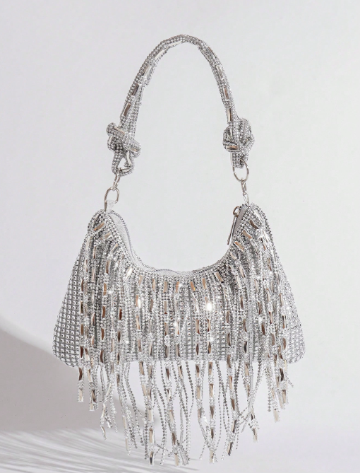 DASIA SILVER RINESTONE EVENING BAG WITH RHINESTONE SHOULDER STRAP BLINGY FRINGE AND OPTIONAL LONG CHAIN STRAP