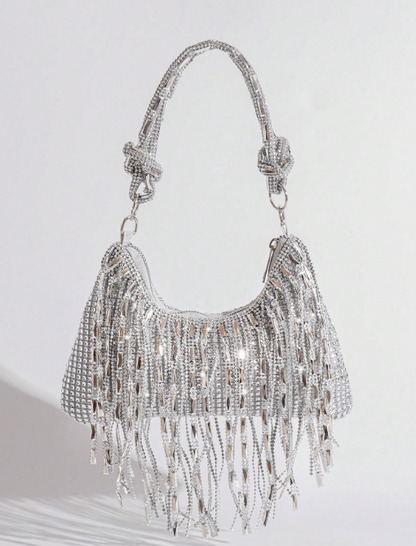 DASIA SILVER RINESTONE EVENING BAG WITH RHINESTONE SHOULDER STRAP BLINGY FRINGE AND OPTIONAL LONG CHAIN STRAP