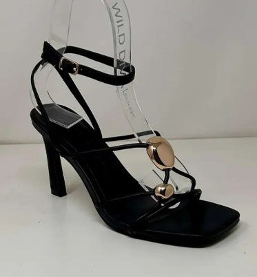 DAWSON-03 BLACK FAUX LEATHER STRAPPY STILETTO HEEL WITH GOLD ACCENTS