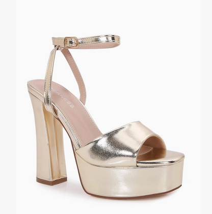 DELLA S26 GOLD METALLIC FAUX LEATHER PLATFORM BLOCK HEEL WITH ANKLE STRAP