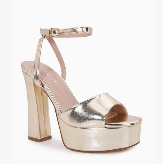 DELLA S26 GOLD METALLIC FAUX LEATHER PLATFORM BLOCK HEEL WITH ANKLE STRAP