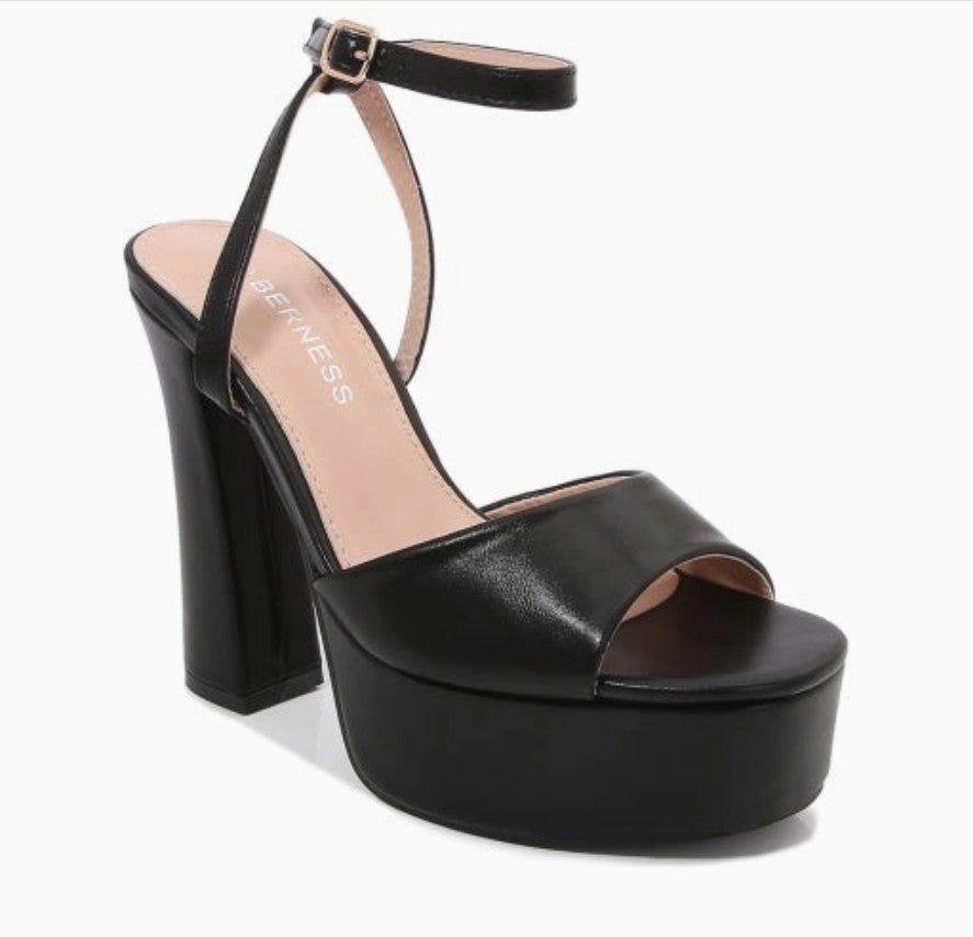 DELLA N25 BLACK Faux Leather Platform Heel - Ankle Strap with Adjustable Buckle