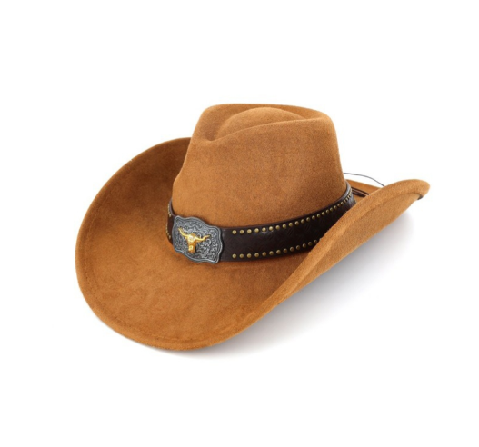 DENTON  CAMEL  FAUX SUEDE COWBOY HAT WITH BROWN FAUX LEATHER BAND AND METAL LONGHORN DETAIL