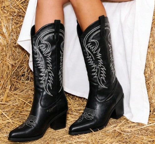 DESTINY BLACK MID CALF CONTRAST STITCH SLIP ON COWBOY BOOT