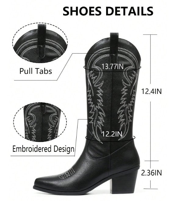 DESTINY BLACK MID CALF CONTRAST STITCH SLIP ON COWBOY BOOT