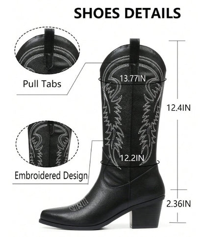 DESTINY BLACK MID CALF CONTRAST STITCH SLIP ON COWBOY BOOT