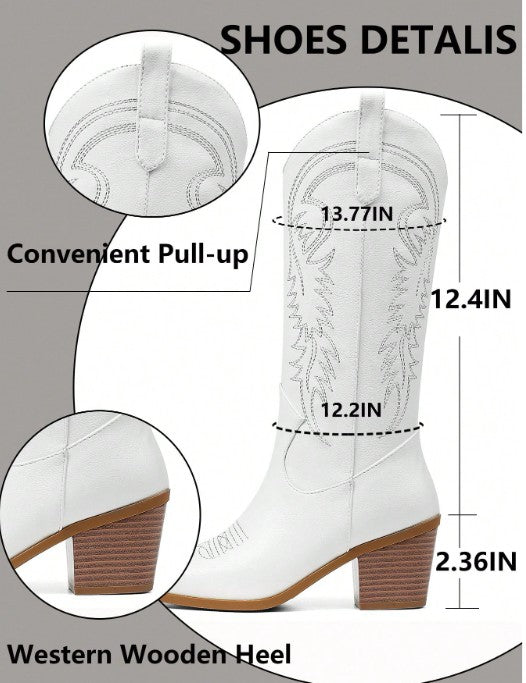 DESTINY WHITE MID CALF CONTRAST STITCH SLIP ON COWBOY BOOT
