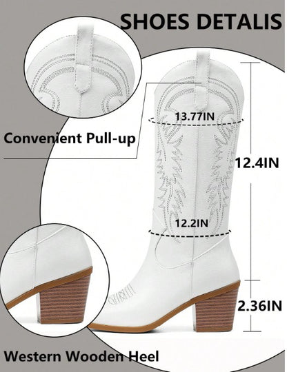 DESTINY WHITE MID CALF CONTRAST STITCH SLIP ON COWBOY BOOT