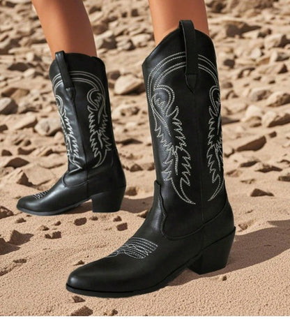 DESTINY BLACK MID CALF CONTRAST STITCH SLIP ON COWBOY BOOT