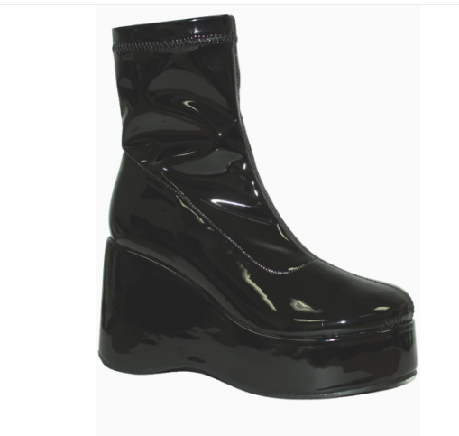 DOCIA-1 BLACK PATENT LEATHER ROUND TOE PLATFORM WEDGE ANKLE BOOTS