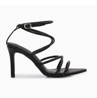 ELETTRA BLACK PATENT STRAPPY OPEN TOE STILETTO HEEL WITH ANKLE STRAP AND POINTED TOE BASE