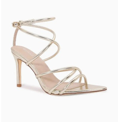 ELETTRA GOLD PATENT STRAPPY OPEN TOE STILETTO HEEL WITH ANKLE STRAP AND POINTED TOE BASE