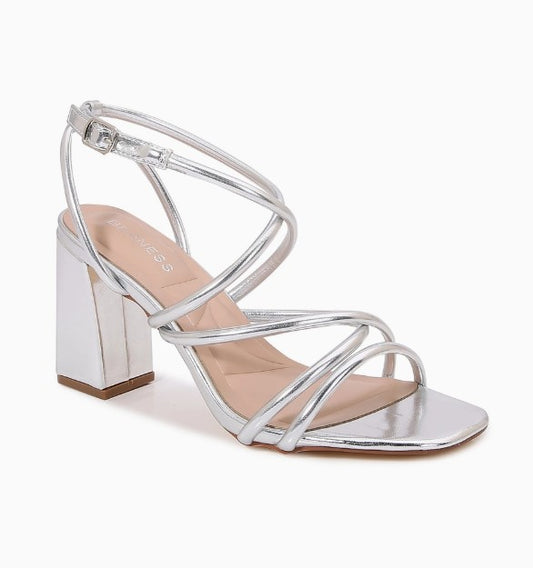 ELISSA SILVER METALLIC STRAPPY BLOCK HEEL SANDAL