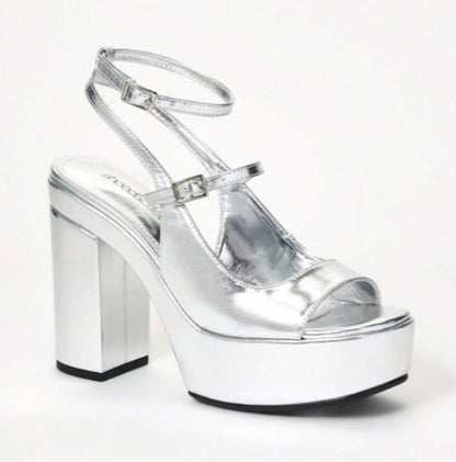 ELLIS SILVER CHUNKY PLATFORM Y2K OPEN TOE DOUBLE STRAP BLOCK HEELS