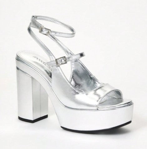 ELLIS SILVER CHUNKY PLATFORM Y2K OPEN TOE DOUBLE STRAP BLOCK HEELS