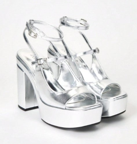 ELLIS SILVER CHUNKY PLATFORM Y2K OPEN TOE DOUBLE STRAP BLOCK HEELS