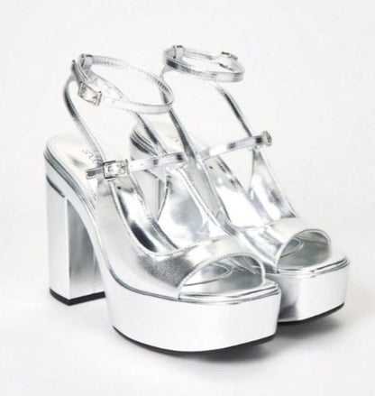 ELLIS SILVER CHUNKY PLATFORM Y2K OPEN TOE DOUBLE STRAP BLOCK HEELS