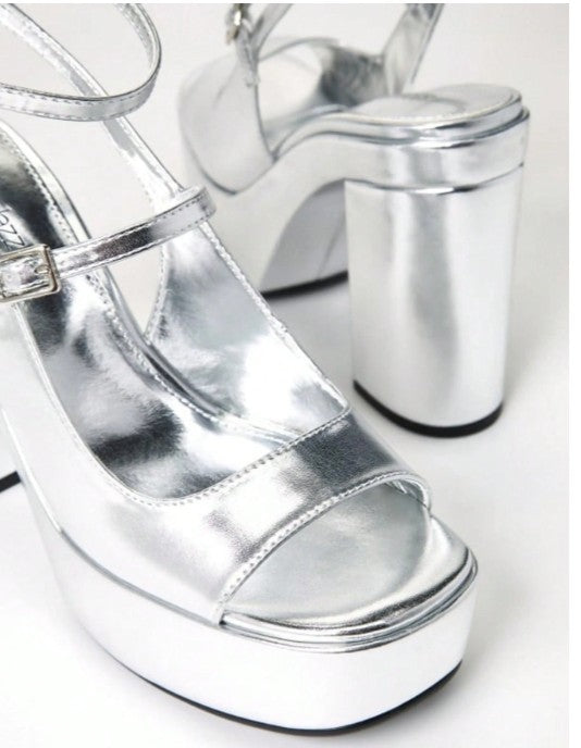 ELLIS SILVER CHUNKY PLATFORM Y2K OPEN TOE DOUBLE STRAP BLOCK HEELS