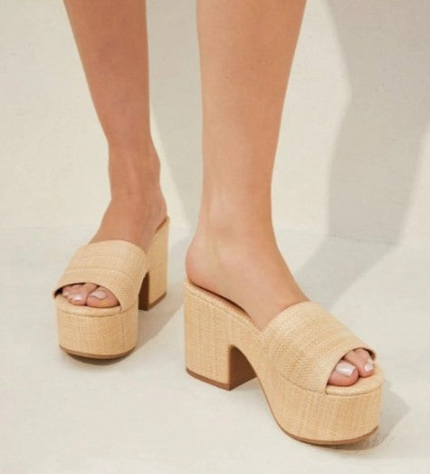 ESMIE NATURAL RAFFIA PLATFORM CHUNKY HEEL SLIP ON MULE SANDAL