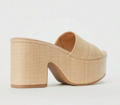ESMIE NATURAL RAFFIA PLATFORM CHUNKY HEEL SLIP ON MULE SANDAL