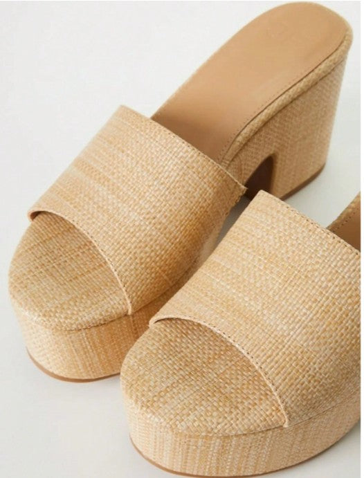 ESMIE NATURAL RAFFIA PLATFORM CHUNKY HEEL SLIP ON MULE SANDAL
